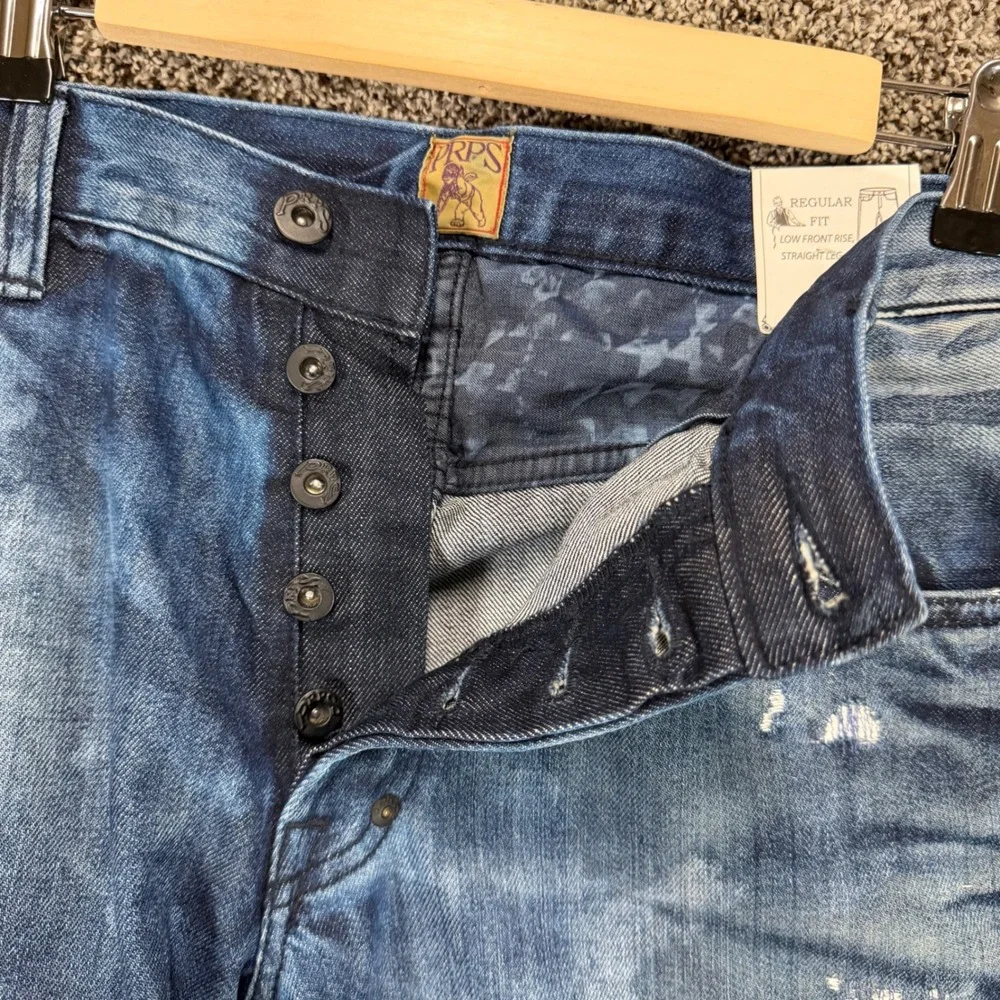 PRPS Barracuda Jean Shorts Mens 34/18 Long Blue Denim Distressed Button Fly Jort